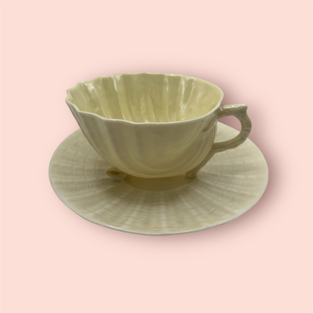 Belleek Green Mark Neptune Teacup & Saucer